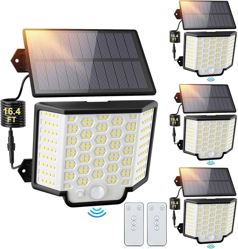 Photo 1 of **1 LIGHT IS NON FUNCTIONAL**
Solar Lights Outdoor Waterproof, 186 Bright LEDs Dusk to Dawn Motion Security Flood Lights with Remote for Outside, Garage,Yard,Patio, 4 Pack