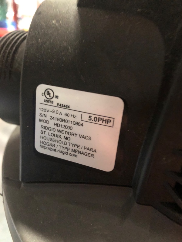 Photo 2 of *(READ NOTES)*
RIDGID 12 Gallon 5.0 Peak HP NXT Shop Vac Wet Dry Vacuum with General Debris Filter, Locking Hose and Accessory Attachments