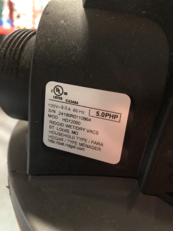 Photo 6 of *(READ NOTES)*
RIDGID 12 Gallon 5.0 Peak HP NXT Shop Vac Wet Dry Vacuum with General Debris Filter, Locking Hose and Accessory Attachments