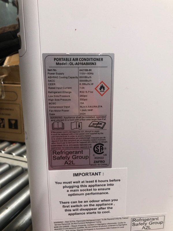 Photo 3 of **NONREFUNDABLE**FOR PARTS OR REPAIR**SEE NOTES**
ZAFRO 8,000 BTU Portable Air Conditioners Cool Up to 350 Sq.Ft, 4 Modes Portable AC with Remote Control/Large LED Display/24Hrs Timer/Installation Kits for Home/Office/Dorms, White White - 8,000 BTU + Drai