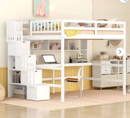 Photo 1 of **NON-REFUNDABLE** (READ FULL POST) Full Size Loft Bed with Built-in Desk, Bookshelves and Storage Staircase, Wooden Loft Bed Frame with Wood Slats Support and Full-Length Guardrails Kids Boys Girls Dorm, No Box Spring Required, White
