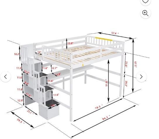 Photo 4 of **NON-REFUNDABLE** (READ FULL POST) Full Size Loft Bed with Built-in Desk, Bookshelves and Storage Staircase, Wooden Loft Bed Frame with Wood Slats Support and Full-Length Guardrails Kids Boys Girls Dorm, No Box Spring Required, White
