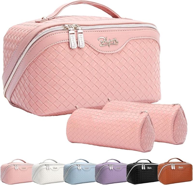 Photo 1 of **Stock photo used as ref**Travel Makeup Bag for Women Organizer: Large Capacity Cosmetic Bag - Toiletry Bags with Divider 2-Light Pink