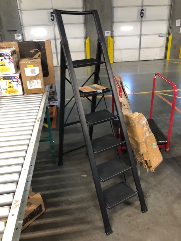 Photo 5 of ***USED - DAMAGED - BENT - NO PACKAGING - SEE PICTURES***
6 Step Ladder for 12 Feet High Ceiling, Folding Step Stool with Handgrip and Anti-Slip Wide Pedal, Black 6 Step