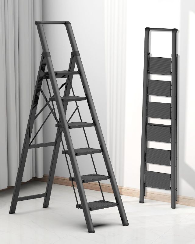 Photo 1 of ***USED - DAMAGED - BENT - NO PACKAGING - SEE PICTURES***
6 Step Ladder for 12 Feet High Ceiling, Folding Step Stool with Handgrip and Anti-Slip Wide Pedal, Black 6 Step