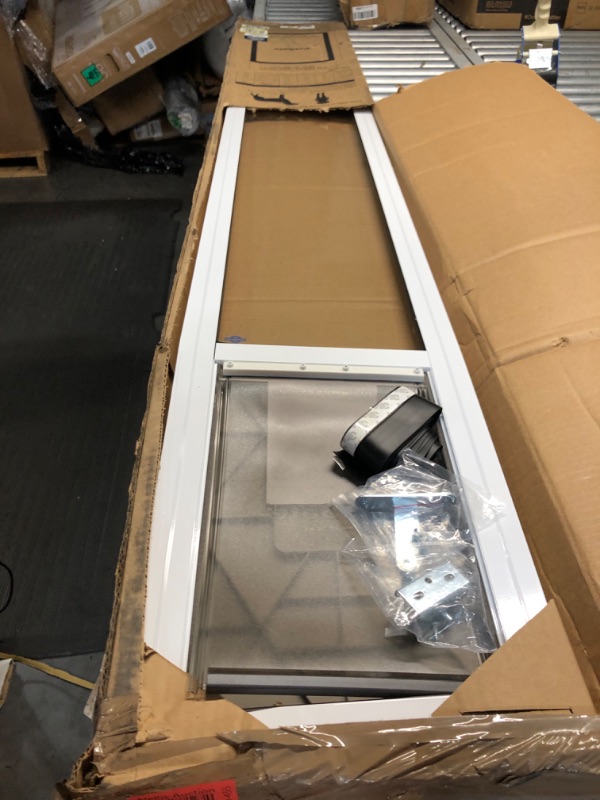 Photo 4 of ***USED - DENTED AND WARPED - SEE PICTURES - LIKELY MISSING PARTS***
PetSafe 1-Piece Sliding Glass Pet Door for Dogs & Cats- Adjustable Height 75 7/8" to 81"-Medium, White, No-Cut DIY Install Aluminum Patio Panel Insert, Great for Renters or Seasonal Inst