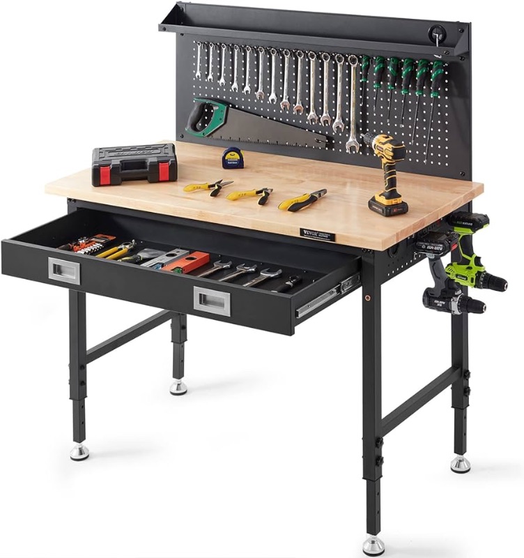 Photo 1 of ***DOES NOT HAVE BACK PIECE*****STOCK PHOTO FOR REFERENCE ONLY****
VEVOR Workbench Adjustable Height 28-39.5" Work Bench for Garage Oak Plank & Carbon Steel Heavy Duty Workbench 2000lbs Weight Capacity Bench top Size 48x24 Hardwood Workbench 3m Cable 30 H