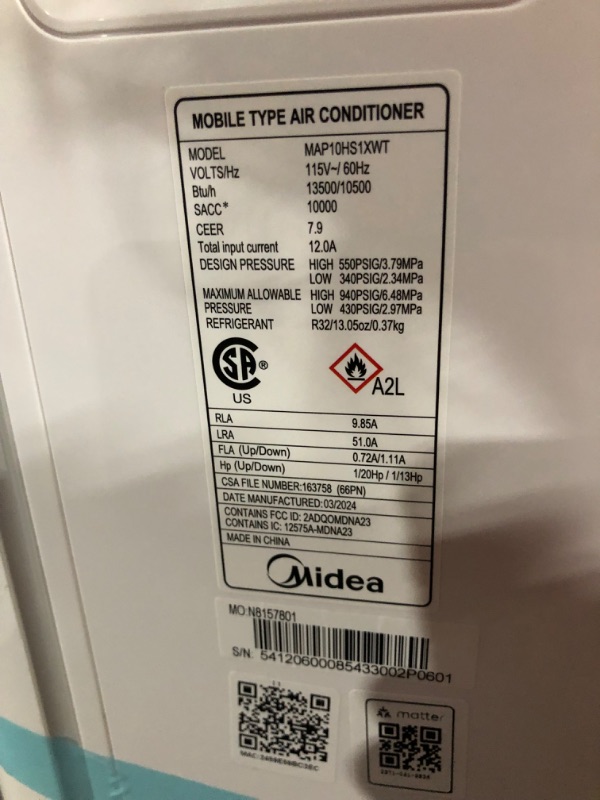 Photo 1 of ***USED - POWERS ON - UNABLE TO TEST FURTHER***
Midea 14,000 BTU ASHRAE (10,000 BTU SACC) Portable Air Conditioner, Cools up to 375 Sq. Ft., with Dehumidifier & Fan mode & Heat, Smart & Remote Control with Remote, Easy-to-use and Install