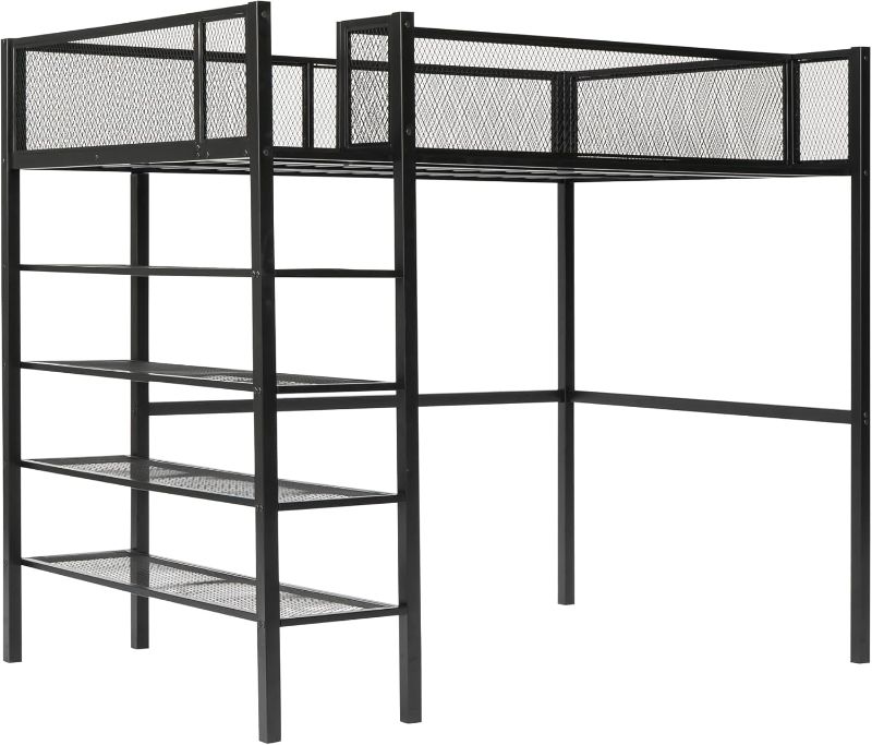 Photo 1 of ****BOX 2 OF 2 ONLY. PARTIAL SET***
Twin Size Metal Loft Bed with 4-Tier Shelves and Storage, Modern Heavy-Duty Bedframe w/Safety Guard Rail for Teens Adult, Space-Saving, Noise Free, No Box Spring Needed, Black