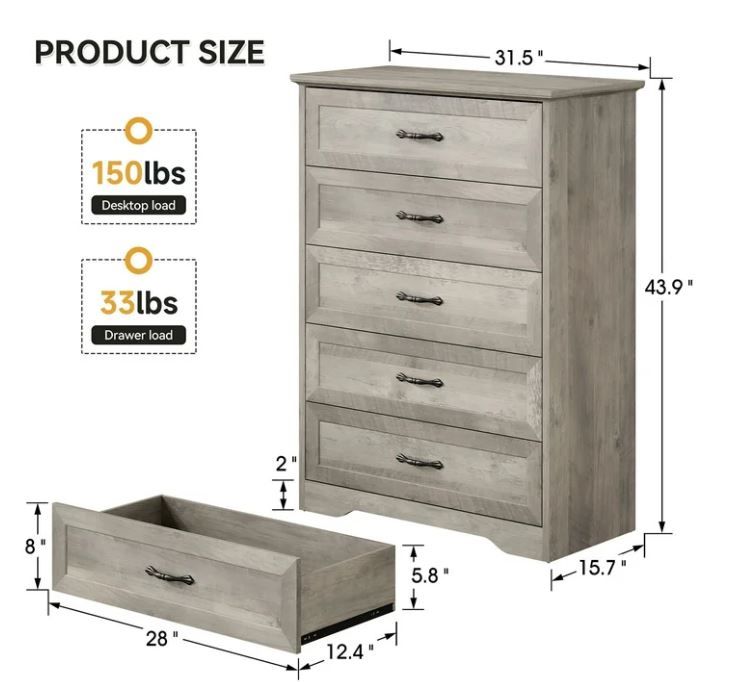 Photo 7 of (READ FULL POST) HOSSLLY Dresser of 5 Drawers, Dresser Chest with Easy Pull Handle for Bedroom, Living Room, Grey Finish
