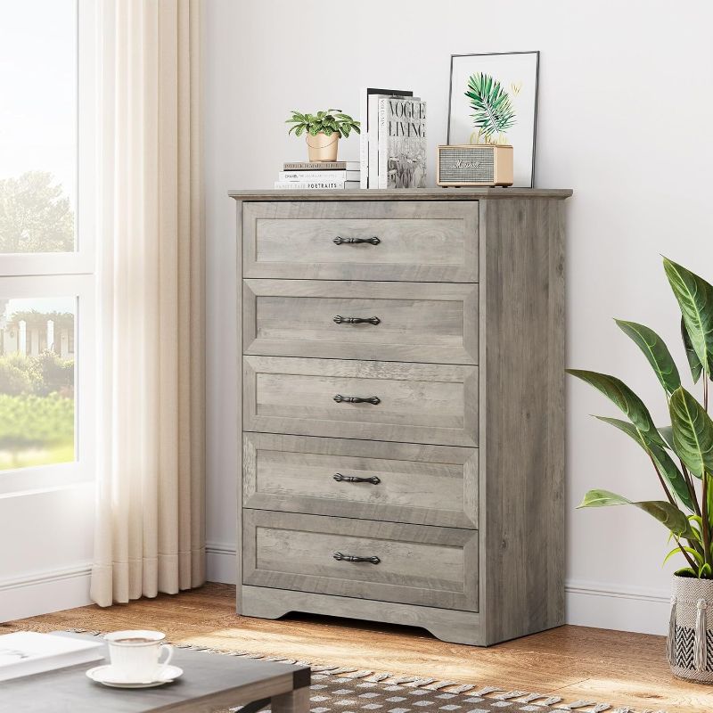 Photo 1 of (READ FULL POST) HOSSLLY Dresser of 5 Drawers, Dresser Chest with Easy Pull Handle for Bedroom, Living Room, Grey Finish
