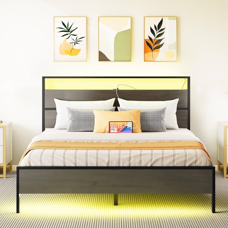 Photo 1 of ***STOCK PHOTO FOR REFERENCE ONLY***
DWVO Bed Frame Queen Size, LED Bed Frame with 2 USB Ports, Wooden Platform Bed Frame with 10.2” Under Bed Storage Clearance, Strong Metal Slats Support, No Box Spring Needed, Black Brown