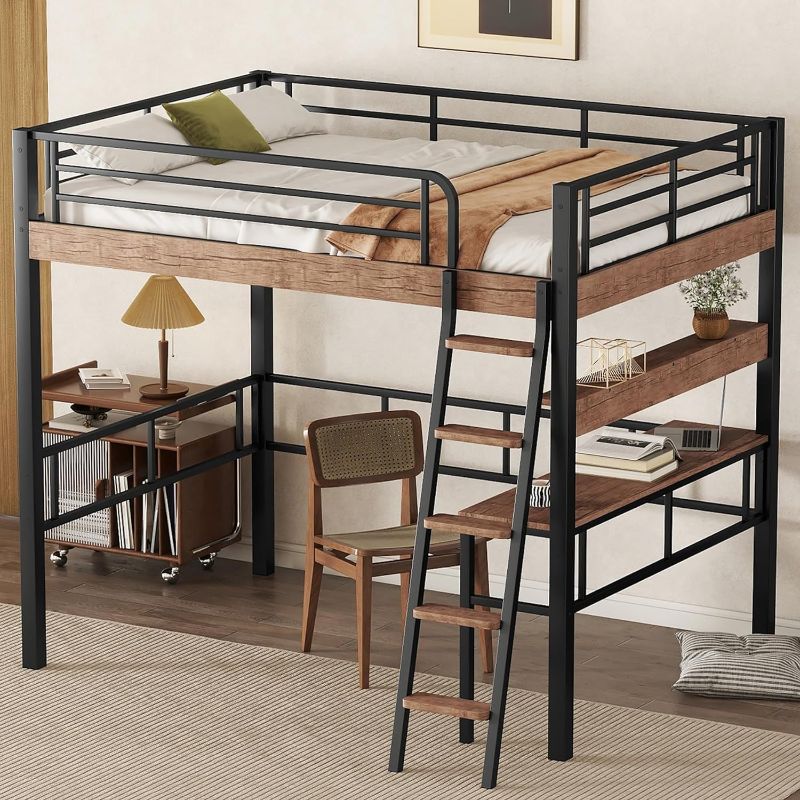 Photo 1 of ***PARTIAL SET.  BOX 2 OF 2***
***STOCK PHOTO FOR REFERENCE ONLY***
Full Size Loft Bed with Desk and Storage Shelf, Metal Loft Bed Full Size with Wider Ladder and Full Length Guardrail, Full Size Loft Bed for Kids, Teens, Full Size Loft Bed Black+Natural