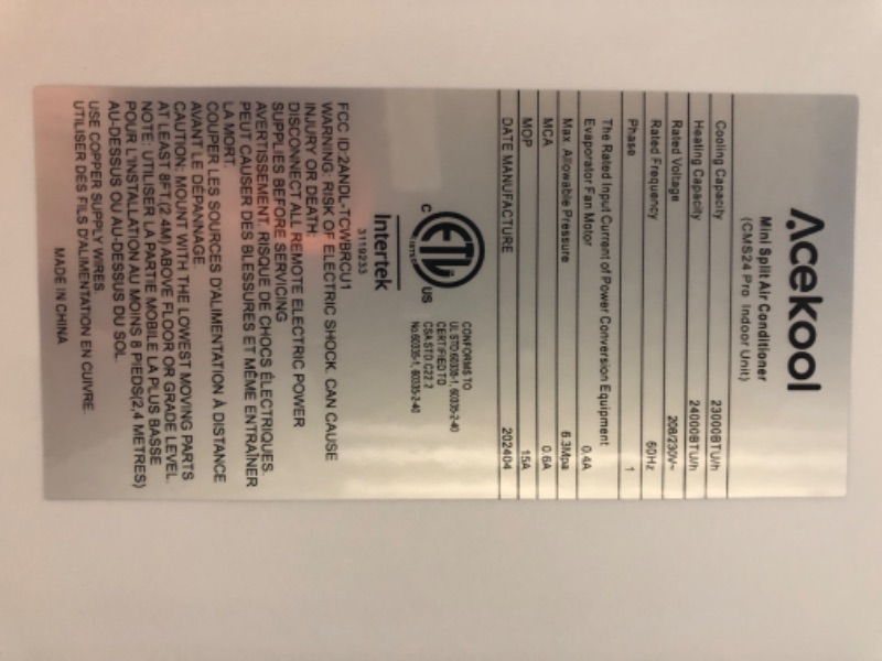 Photo 3 of ****PARTIAL SET.  MISSING HEAT PUMP AND INSTILATION KIT****
****STOCK PHOTO FOR REFERNCE ONLY****
***FACTORY SEALED. OPENED TO INSPECT***
Zstar 24,000 BTU Mini Split AC, 19 SEER2 Wall Mounted AC , Ductless Inverter Split-System Air Conditioners Cools up t