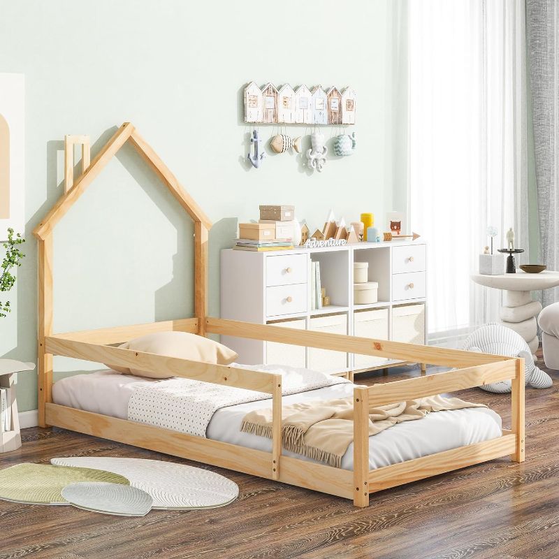 Photo 1 of ***STOCK PHOTO REFERENCE ONLY*****Bellemave Twin Size House-Shaped Headboard Floor Bed with Fence,Wooden Montessori Floor Bed for Kids (Natural) No Slats