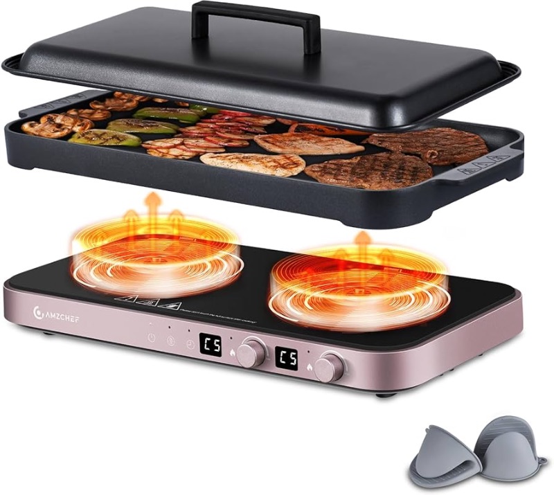 Photo 1 of ***FACTORY SEALED***AMZCHEF Double Induction Cooktop with Removable Iron Cast Griddle Pan Non-stick, 1800W 2 burner Portable Induction Stove With Sensor Touch 9 Power Levels, 99 Min Timer, suitable for Magnetic Cookware