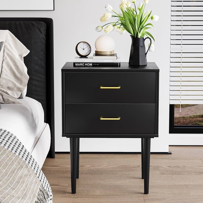 Photo 1 of **USED FOR PARTS ONLY NON-REFUNDABLE**ALGHERHEIN Black Nightstand with 2 Drawers, Modern Night Stand Black, Wooden Night Stands for Bedroom, Bed Side Table, End Table, Gold Handle 26 Inch Tall, Large Size