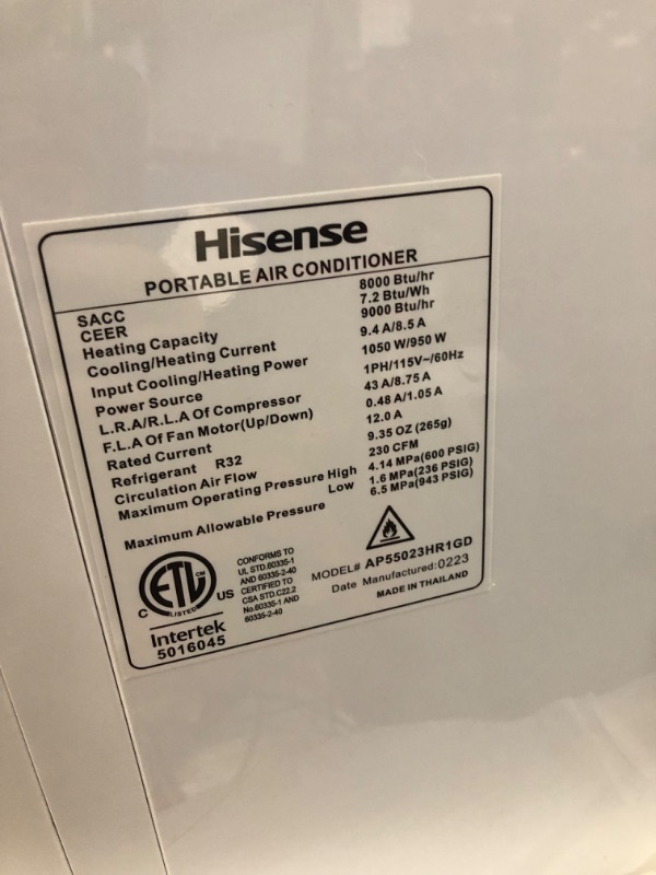 Photo 1 of ***USED - POWERS ON - UNABLE TO TEST FURTHER - LIKELY MISSING PARTS***
Hisense Portable Air Conditioner | White Ventilation | WIFI | 8000-BTU | 9000-BTU Heating | 115 Volts | Timer | 4 Comfort Modes | Remote Control | Double Hose (Reconditioned) AP55023HR
