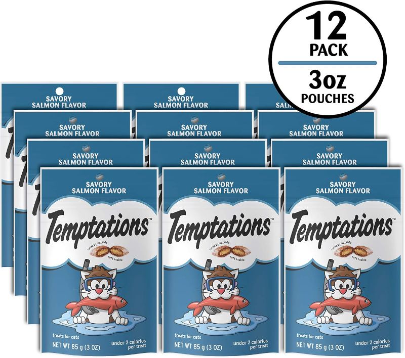 Photo 1 of ***(EXP:08/05/2024 )NONREFUNDABLE***Temptations Classic Crunchy and Soft Cat Treats Savory Salmon Flavor, 3 oz. Pouch (Pack of 12)
