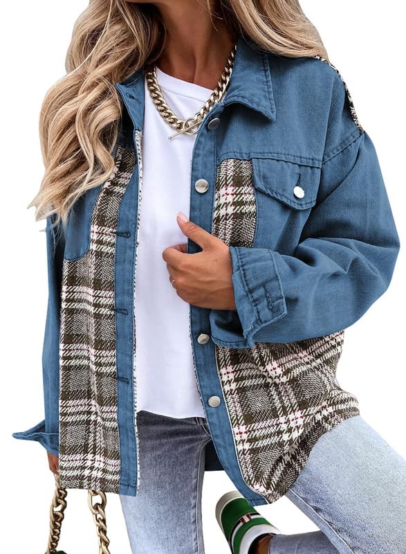 Photo 1 of ***FACTORY SEALED***SHEWIN Women's Denim Jacket Long Sleeve Plaid Button Down Shacket Jacket Large Blue