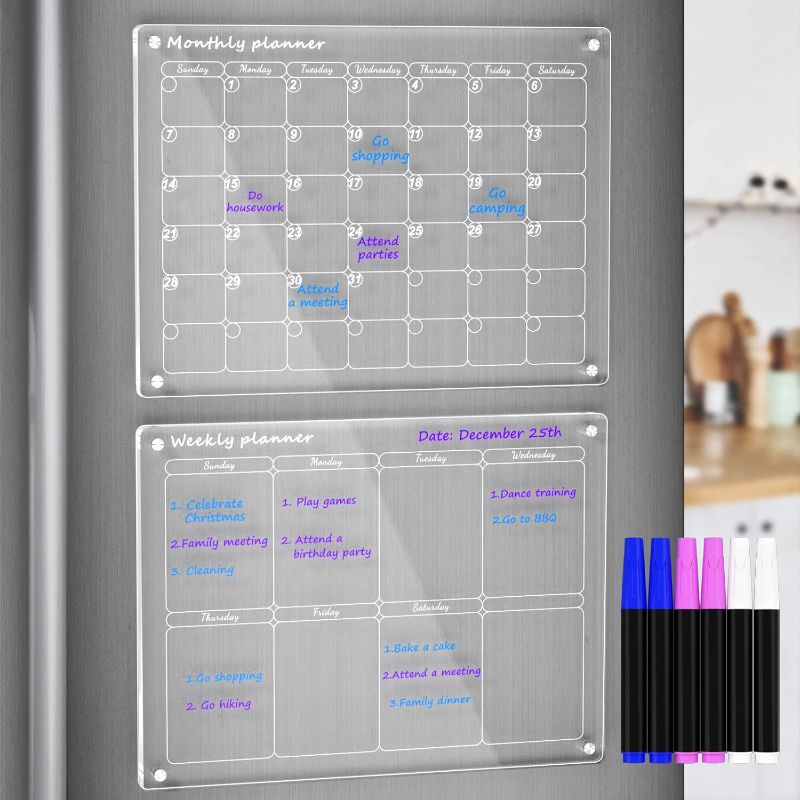 Photo 1 of  Acrylic Magnetic Monthly and Weekly Calendar for Fridge, Clear Set of 2 Dry Erase Board Calendar for Fridge Reusable Planner, Includes 6 Dry Erase Markers With 3 Colors(16"x12"Inches)