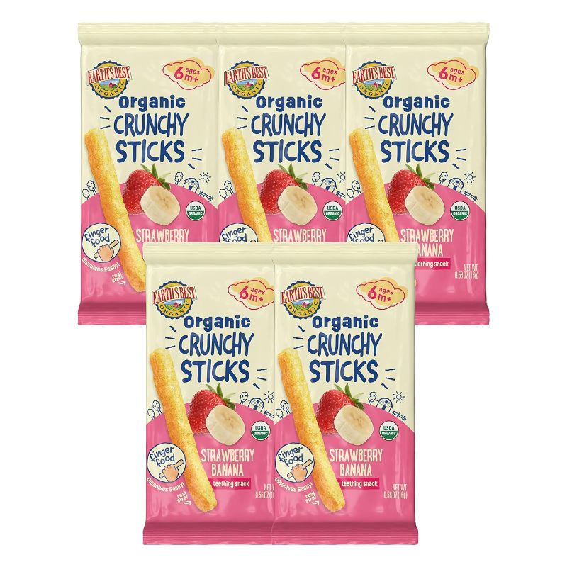 Photo 1 of ***(EXP:08/11/24 )NONREFUNDABLE*** 2-PACK BUNDLE**
Earth's Best Organic Baby Food, Dissolvable Teething Snack for Babies 6 Months and Older, Strawberry Banana Crunchy Sticks, .56 oz Pack (Pack of 5)