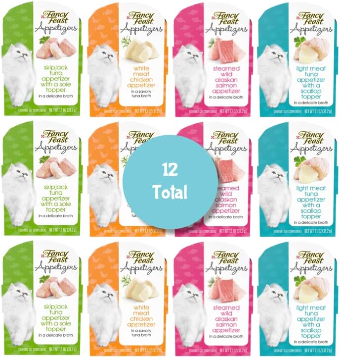 Photo 1 of ***(EXP:01/2026 )NONREFUNDABLE***Fancy Feast Appetizers Gourmet Wet Cat Food Complement Variety Sampler Bundle of 4 Flavor Treats (Total of 12) 3 Skipjack Tuna, 3 Chicken, 3 Salmon, 3 Light Meat Tuna with Healthier Paws Sticker