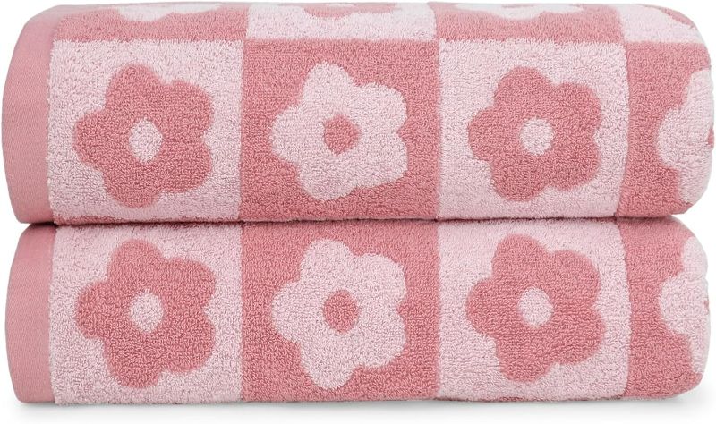 Photo 2 of 2-Pieces Luxury Bath Towels Checkered Floral, Pink Shower Towel for Women Girls 27.5x55 Inches, 100% Cotton Absorbent Body Towels