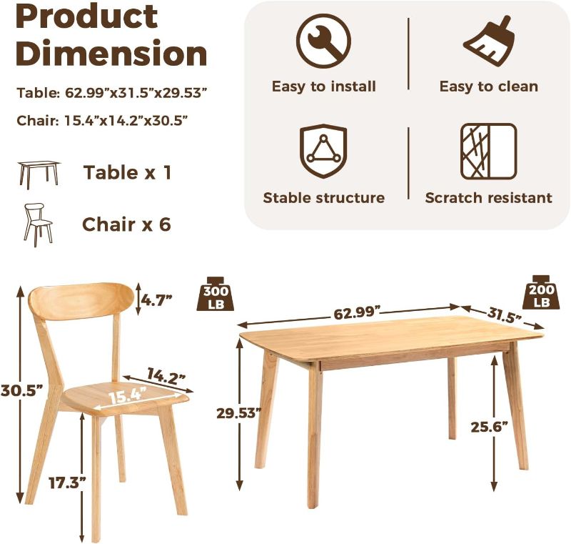 Photo 5 of (READ FULL POST) DELAVIN 7-Piece 62.9" Solid Wood Dining Room Table and Chairs Set for 6, Mid Century Kitchen Table with 6 Oak Chairs for Home, Apartment, Modern Dining Table and Chairs Set for Whole Family, Natural 62.9"L x 31.4"W Table + 6 Chairs Natura