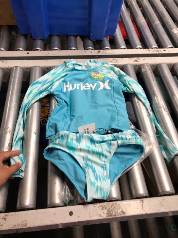 Photo 3 of ***SEE NOTES*** Hurley Girls Long Sleeve Rash Guard 2-Piece Swimsuit Medium/Small Turquoise Waves