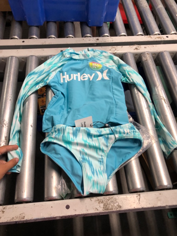 Photo 2 of ***SEE NOTES*** Hurley Girls Long Sleeve Rash Guard 2-Piece Swimsuit Medium/Small Turquoise Waves