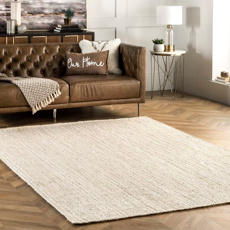 Photo 1 of  **STOCK PHOTO FOR REFERENCE ONLY** 6x9 Jute Handloom Area Rug, Off White, Solid Farmhouse Design, Natural Fiber, For Bedroom, Living Room, Dining Room, Hallway, Office, Kitchen, Entryway
