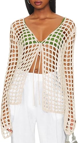 Photo 1 of ** APPEARS NEW** Saodimallsu Womens Long Sleeve Swimsuit Coverup Crochet Hollow Out Tie Front Swim Cover Up Knit Cardigan
