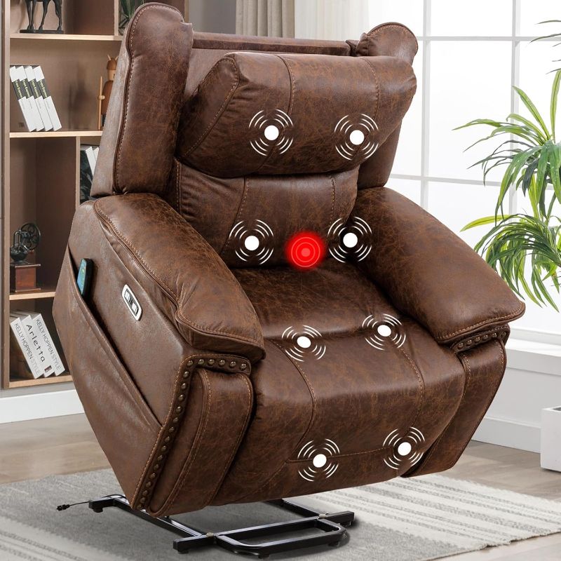 Photo 1 of ***BASE ONLY - REST OF CHAIR NOT INCLUDED - SEE PICTURES***
CANMOV Faux Leather Power Lift Recliner Chair with Massage and Heat for Elderly, Dual Motor Recliner Chair, Electric Recliner with Adjustable Headrest, USB Ports, 2 Concealed Cup Holders, Brown