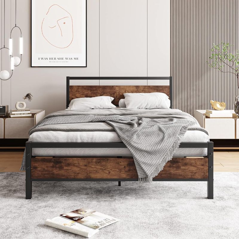 Photo 1 of  ***STOCK PHOTO REFERENCE ONLY***Full Size Bed Frame, Heavy Duty Platform Bed Frame Full Reinforced Steel Square, Black and Rustic Brown
