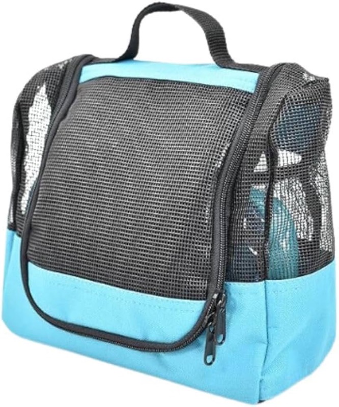 Photo 1 of  Fine Living Co. Portable Hanging Shower Caddy Organizer Bag (Free Toiletries Case+Metal Hook) Quick Dry Mesh Shower Caddy Tote Bag Pouch For Bathroom College Dorm Camp Gym Camping 10”x4”x8”(Aqua)