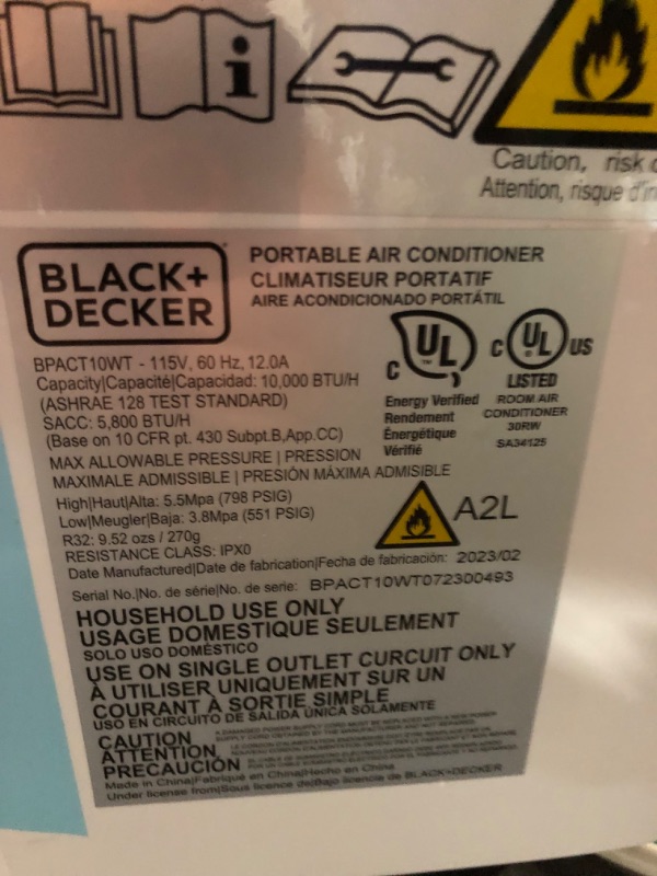 Photo 5 of ***USED - POWERS ON - UNABLE TO TEST FURTHER - LIKELY MISSING PARTS - SEE PICTURES***
BLACK+DECKER 10,000 BTU Portable Air Conditioner up to 450 Sq.Ft. with Remote Control,White