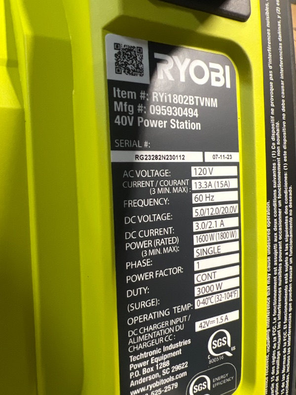 Photo 3 of **USED**APPEARS IN GREAT SHAPE!
Ryobi 40V 1800-Watt Portable Battery Power Station Inverter Generator and 4-Port Charger (Tool Only)