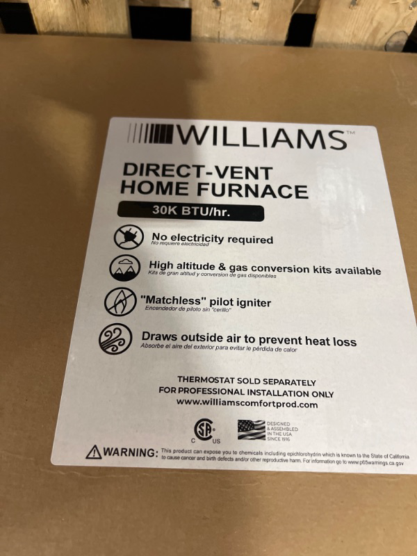 Photo 4 of ***FACTORY SEALED***TRUCK/TRAILER PICK UP ONLY**
Williams Direct-Vent Gravity Wall Heater 30,000 BTUH, 66% AFUE, Natural Gas