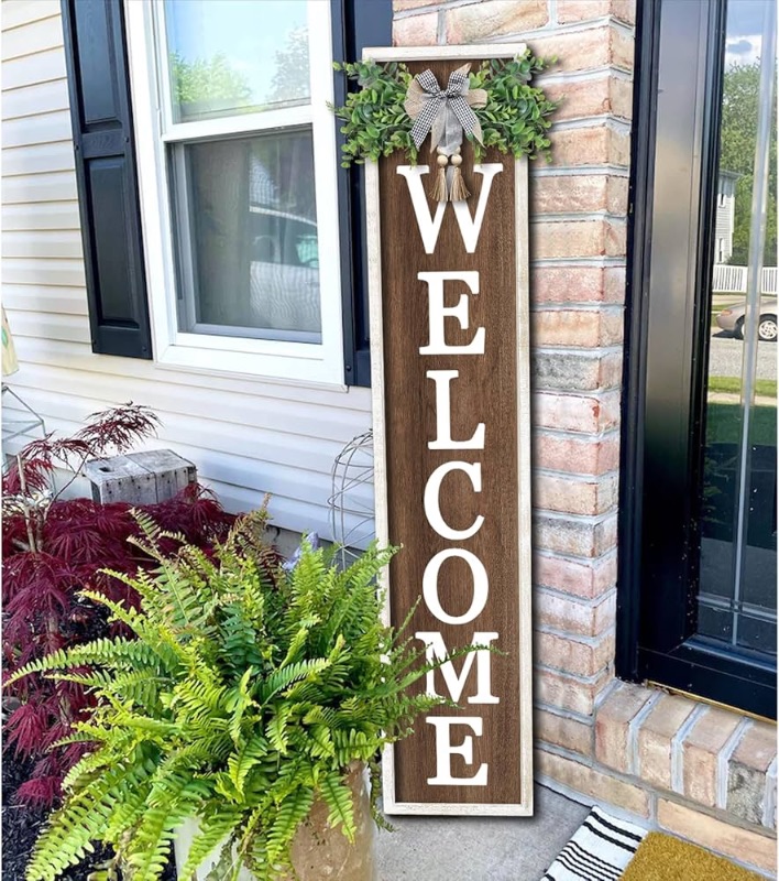 Photo 1 of **DAMAGED READ NOTES**
Welcome Sign for Front porch Standing 45"X9"Large Wood Frame Outdoor Tall Welcome Signs Vertical Decor  (White Wood)