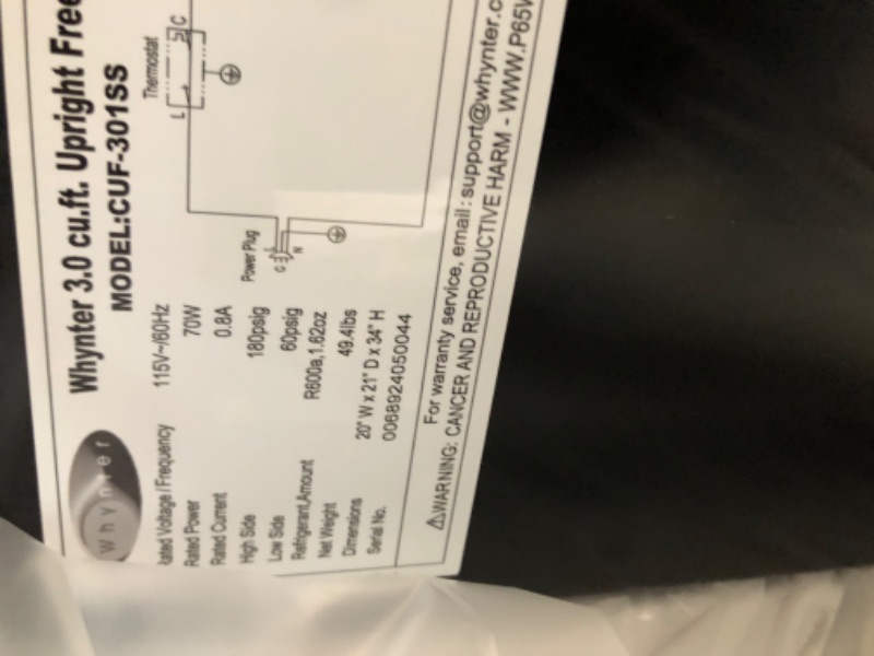 Photo 4 of ***FACTORY SEALED*** Whynter CUF-301SS Energy Star 3.0 Cubic feet Upright Freezer, Stainless Steel-3, 21"D x 19.5"W x 33.5"H, Black Stainless Steel -3 Cubic Feet Freezer