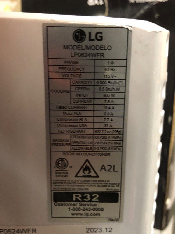 Photo 7 of ***USED - MAJOR DAMAGE - DOESN'T POWER ON - MISSING PARTS - SEE COMMENTS***
LG LP0624WFR Portable Air Conditioner w/Remote, Cools 250 Sq.Ft, Quiet Operation, 115V, 6,000 BTU (9700 ASHRAE), White White 6,000 BTU (9700 ASHRAE)