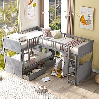 Photo 1 of ***BOX 2 OF 3 & BOX 3 OF 3***Flieks Triple Bed Twin-Over-Twin-Over-Twin Bed L Shaped Bunk Bed with 2 Drawers and 2 Ladders, No Box Spring Needed