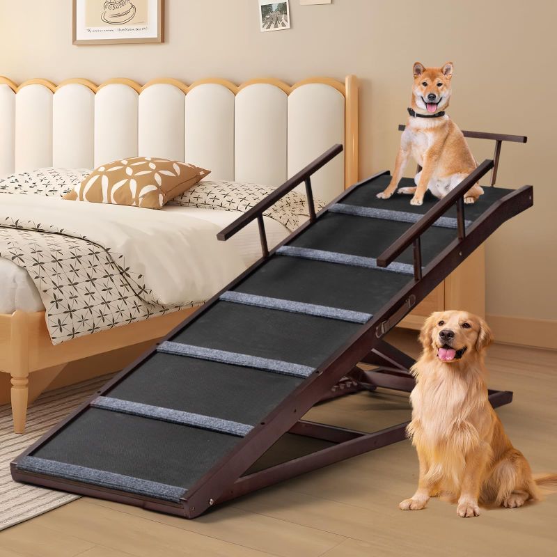 Photo 1 of  65 inches Dog Ramp for High Bed Couch Sofa, 6 Adjustable from 18"-33", Pet Ramps for Small Large Dogs Get on Bed Couch Car, Folding Portable Dog Stairs Dog Steps for Old Dogs Cat (Dark Brown) Dark Brown 65 inches