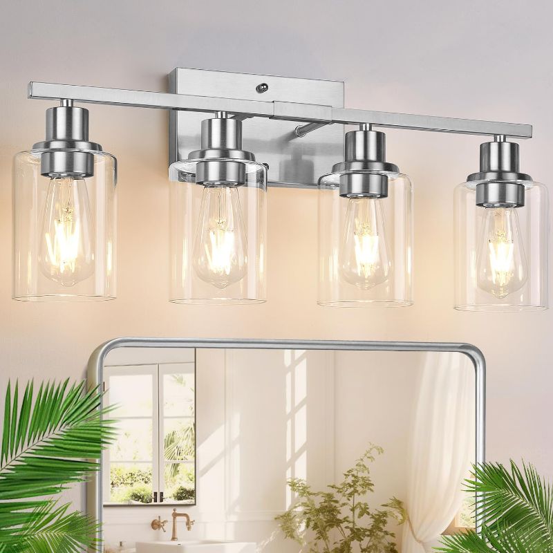 Photo 1 of Unicozin 4 Light Vanity Lights, Bathroom Light Fixtures Over Mirror, Matt Nickel Wall Sconce Light with Clear Glass, Wall Light for Living Room, Bedroom, Hallway, E26 Base (Bulbs Not Included) 4 Light Matt Nickel