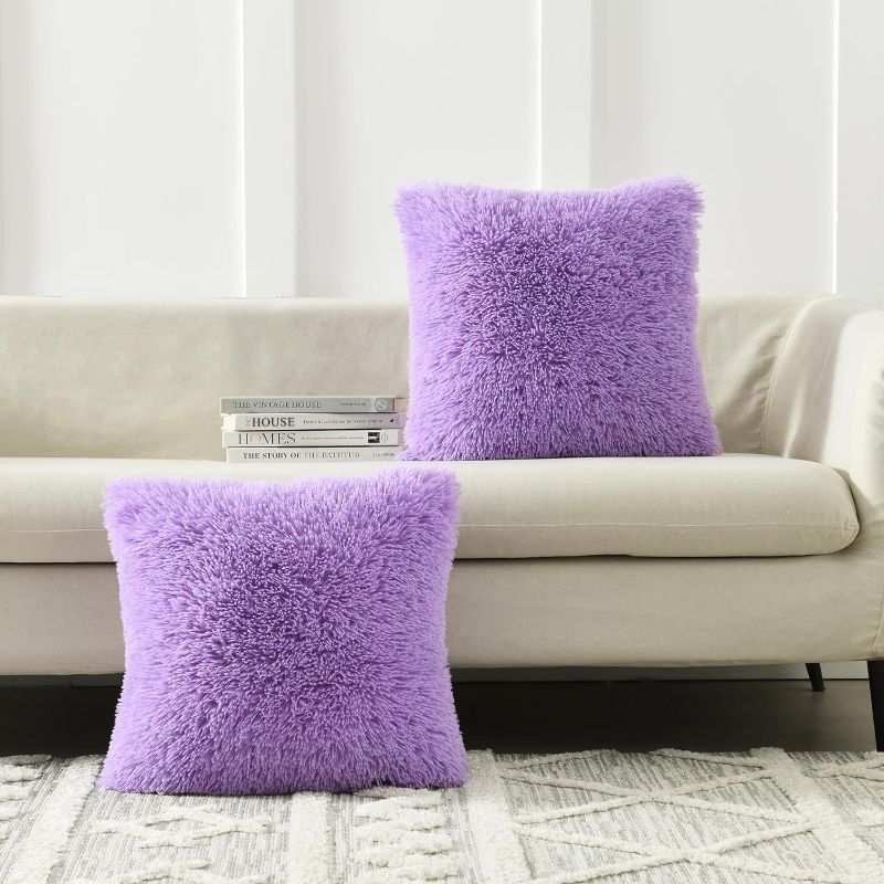 Photo 1 of  Luxury Soft Faux Fur Fleece Cushion Cover Pillowcase Decorative Throw Pillows Covers, No Pillow Insert, 18" x 18" Inch, Lavender, 2 Pack (R-Lavender, 18 x 18-Inch)