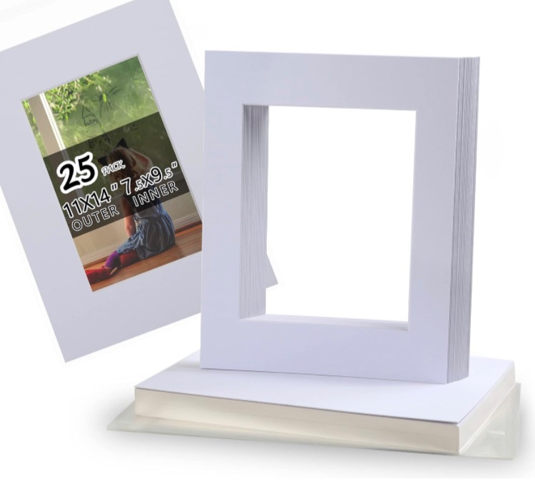 Photo 1 of Acid Free 25 Pack 11x14 Pre-Cut Mat Board Show Kit for 8x10 Photos, Prints or Artworks, 25 Core Bevel Cut Matts and 25 Backing Boards and 25 Crystal Plastic Bags, White