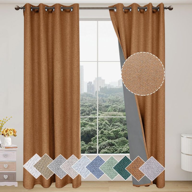 Photo 1 of Textured Linen Curtains 100% Blackout Curtains Soundproof Window Curtain Drapes with 3 Layer Grey Liner Anti-Rust Grommet Curtains for Bedroom Living Room, 2 Panels 52×45 in, Blue Blue 52''W×45''L