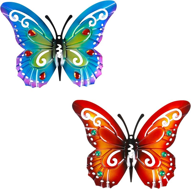 Photo 1 of 2 Pcs Metal Butterflies Fence Yard Art Garden Decor, 14" Large Butterfly for Outdoor Patio Backyard Balcony Sculpture, Colorful
