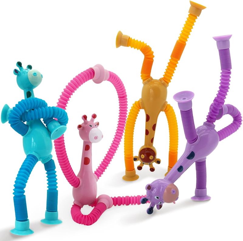 Photo 1 of Boxgear 4 Pieces LED Telescopic Suction Cup Giraffe Toy, Shape Changing Telescopic Tube Fidget Toys, Pop Tubes, Fidget Tubes Sensory Toys for Girls Boys (Giraffe)
